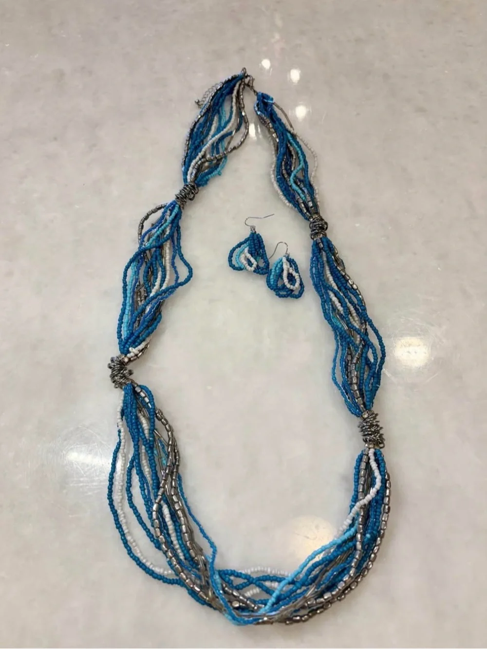 Necklace Earrings Set Glass Seed Beads Silver Light/Medium Blue Beads Turquoise